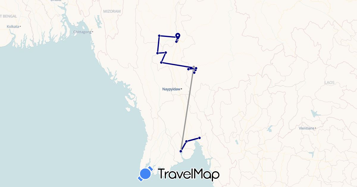 TravelMap itinerary: driving, plane in Myanmar (Burma) (Asia)